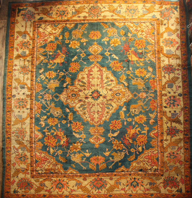 Antique Oushak Carpet, Blue with Medallion 349 x 392cm / 11'5" x 12'10"