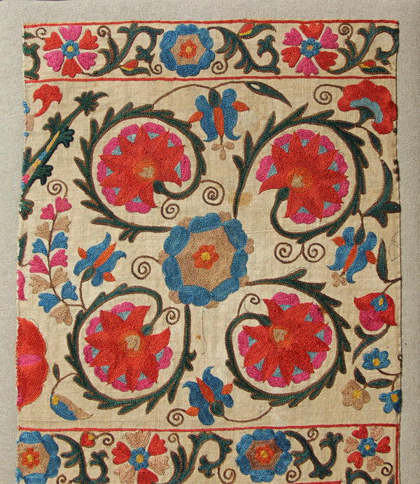 Antique Nurata Suzani Fragment, Mounted, 39 x 95cm / 1'3" x 3'1"